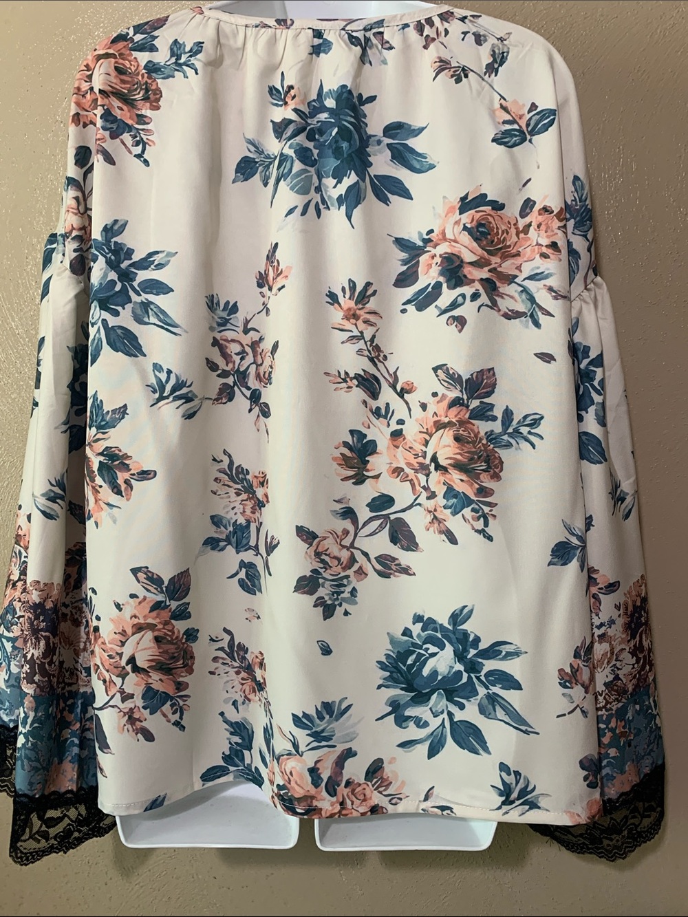 Floral Lace-Trim Peasant Blouse - size M Blue & Blush - Picture 3 of 4